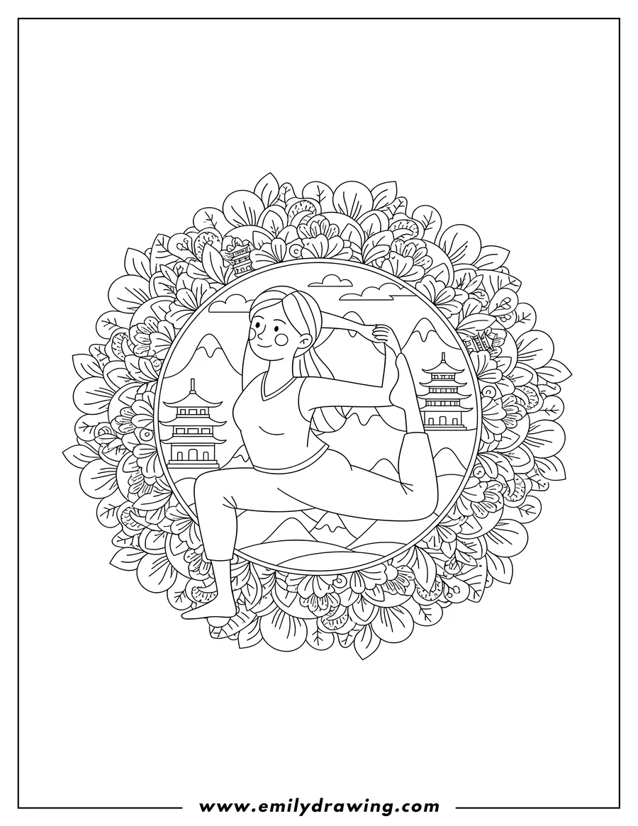 Printable line art of woman in One Legged King Pigeon Pose with arms reaching back to foot, inside a flower mandala with mountains and pagodas