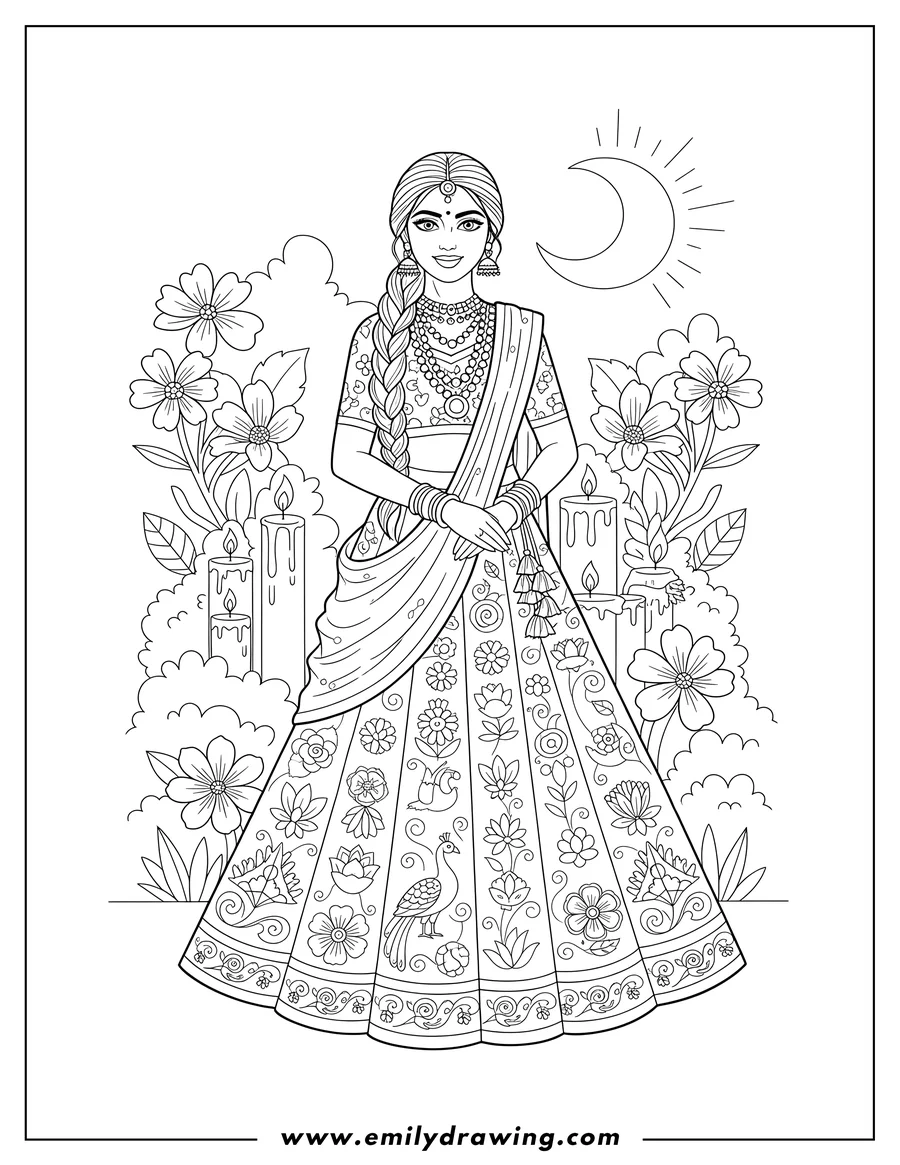 Vector style outline of woman in ornate lehenga with intricate patterns, adorned with jewelry, in a romantic garden with candles