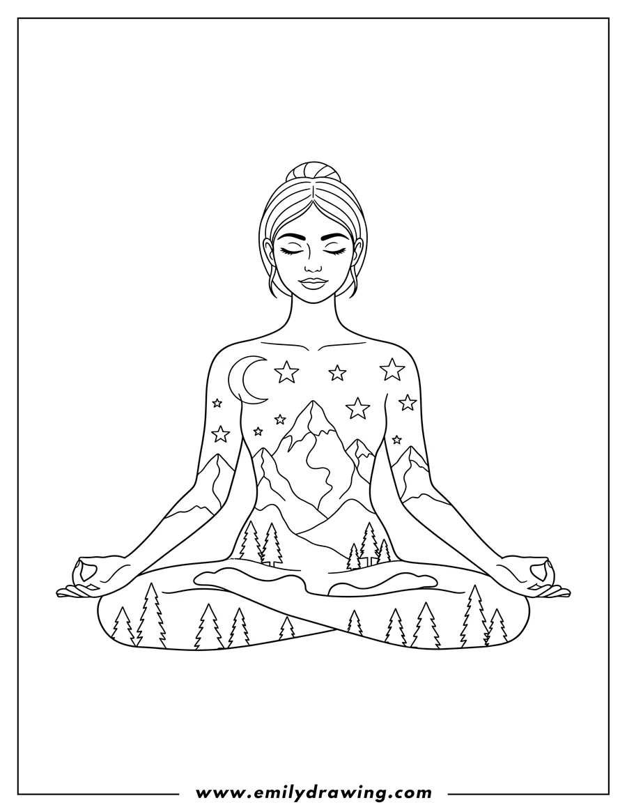 Vector style outline of woman in seated yoga pose with mountains, trees, moon, and stars inside her body
