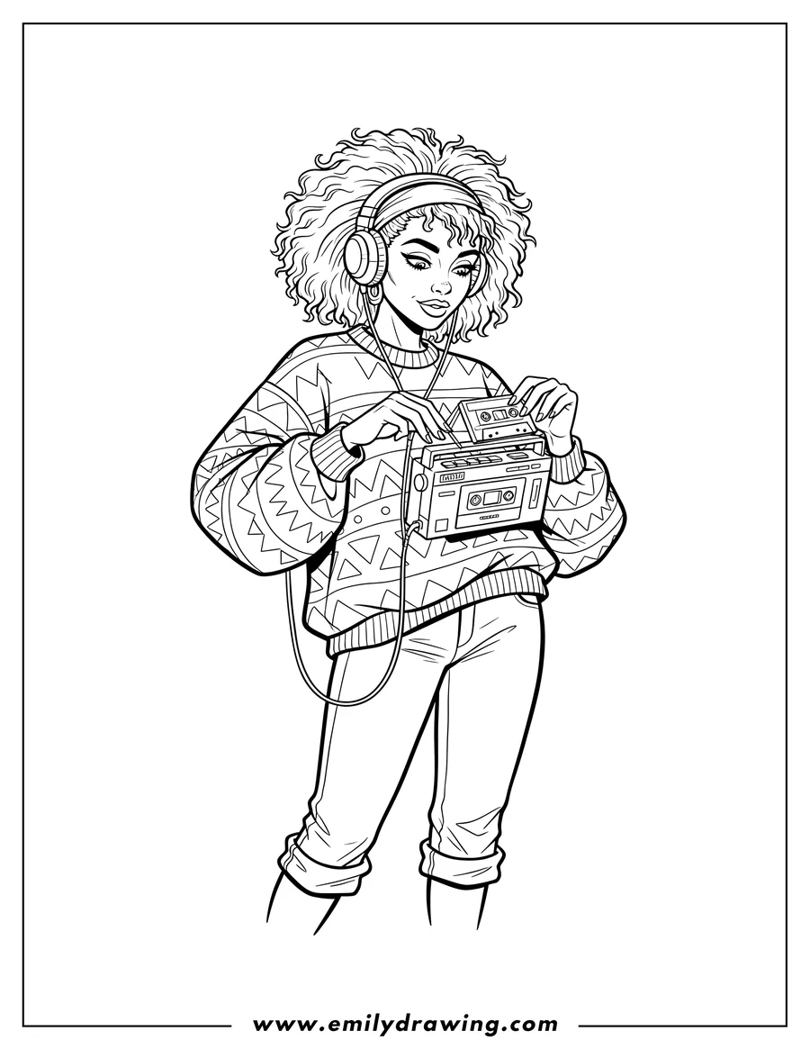 Black and white line art of woman inserting cassette tape into Walkman 80S