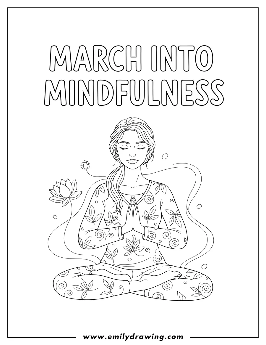 Line art of a woman meditating in a lotus pose with closed eyes and hands pressed together, surrounded by floating lotus flowers. Text above reads 'March into Mindfulness'.
