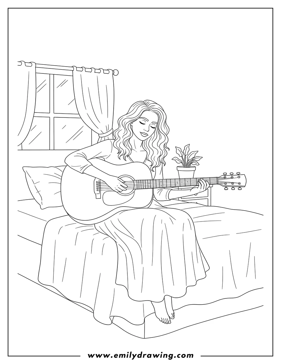 Linear illustration of woman playing acoustic guitar on bed, sitting cross-legged with eyes closed