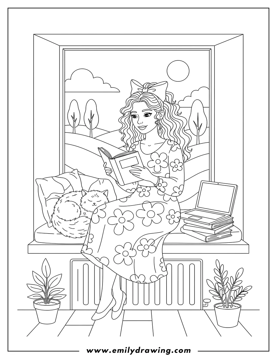 Full page coloring image of curly-haired woman with a bow reading a book on a window bay, with books, a laptop, and a sleeping cat nearby