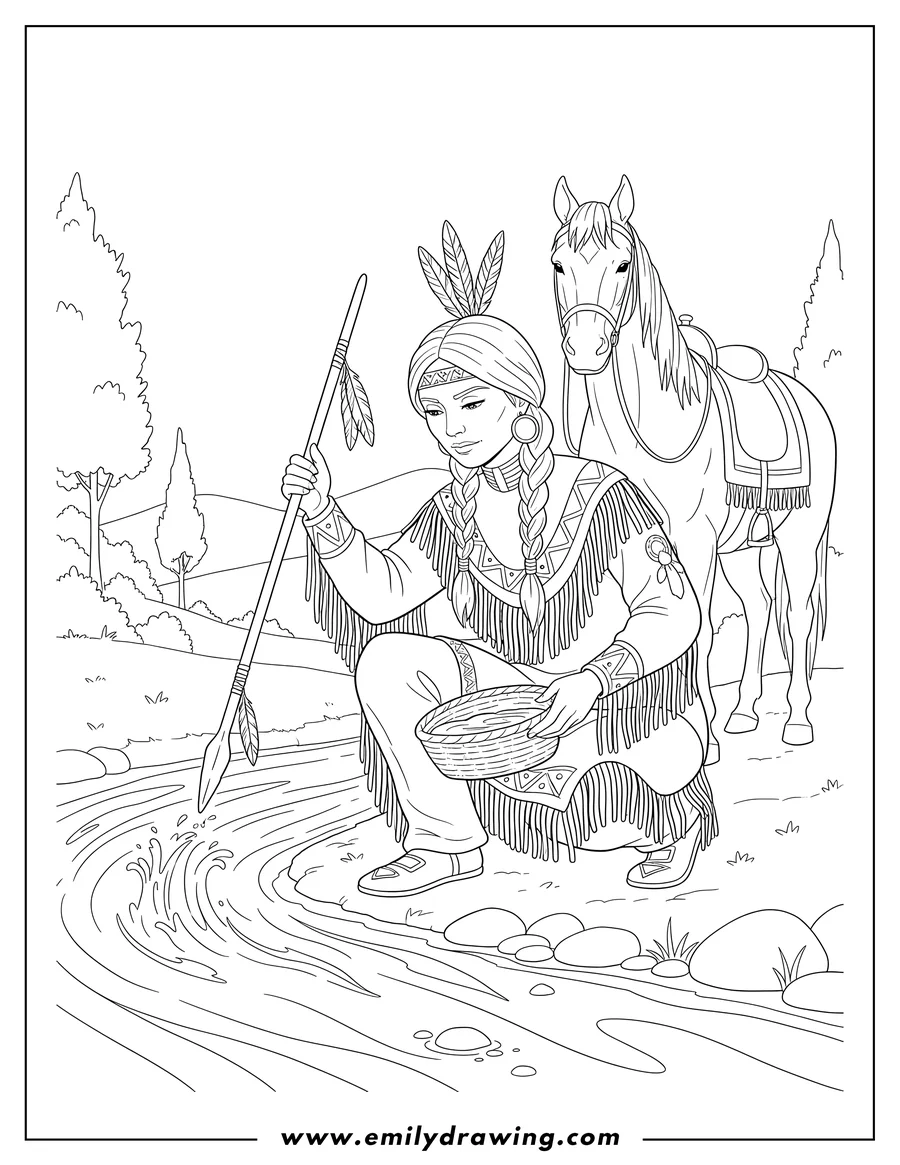 Vector style outline of native American Woman squatting, holding a feathered spear, scooping water from a river, with a horse
