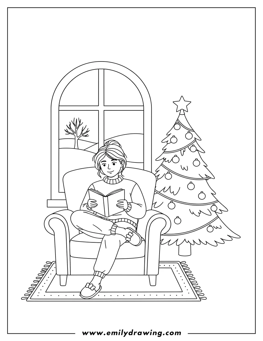 Coloring page for kids: woman sitting in a chair, reading a book, next to a window and a Christmas tree