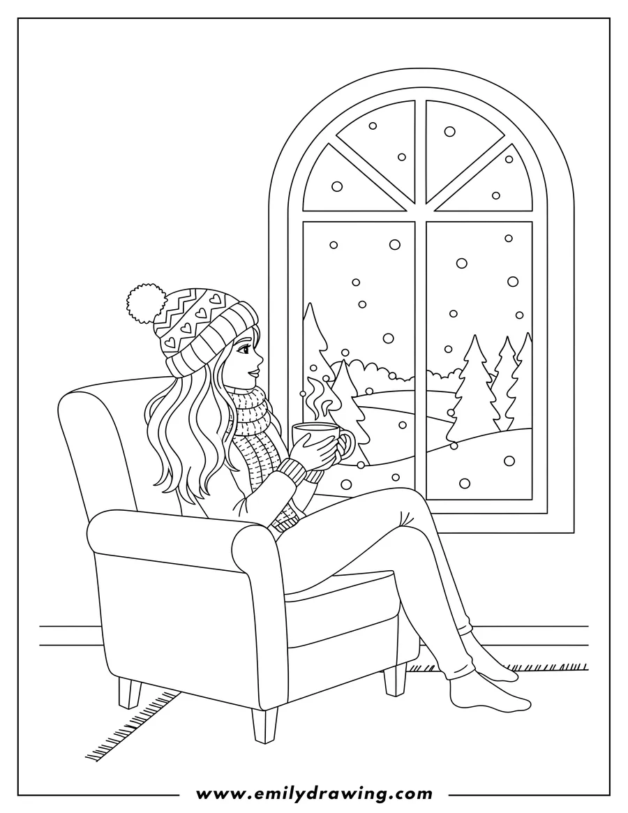 Outline drawing of woman in a winter hat and scarf, sitting by a window, looking out and cupping her hands around a hot chocolate mug