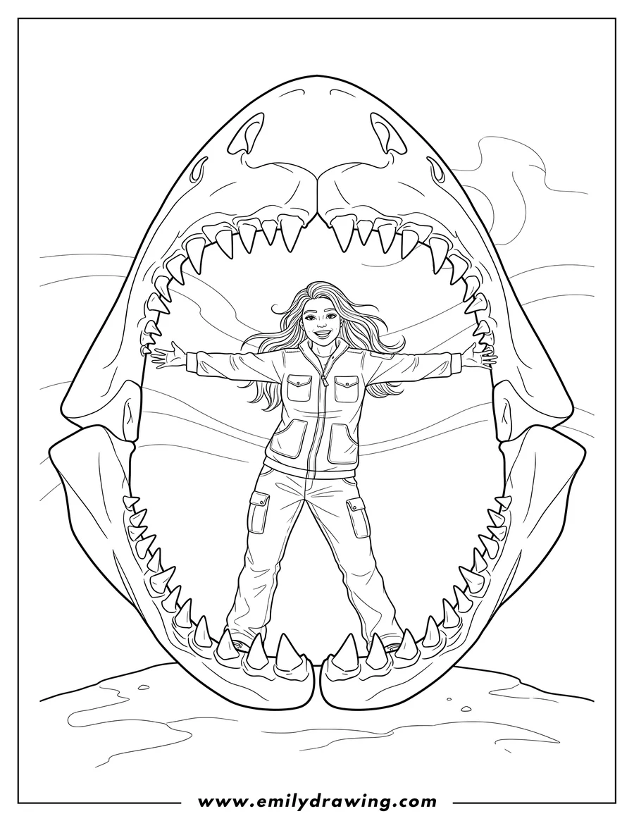 PDF style coloring page: woman standing inside a megalodon mouth skeleton, smiling and wearing a jacket and pants