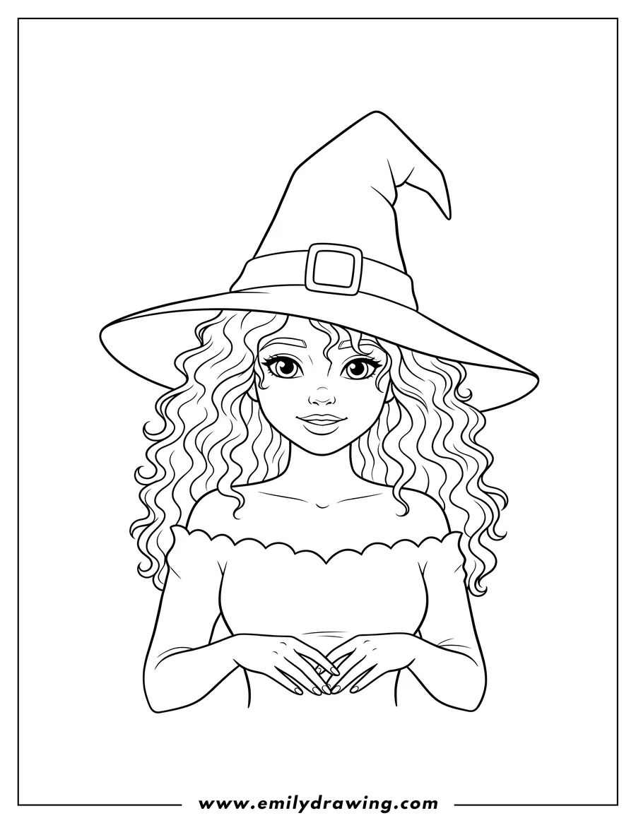PDF style coloring page: woman With Curly Hair Wearing Large Witch S Hat, looking forward, in an off-shoulder top