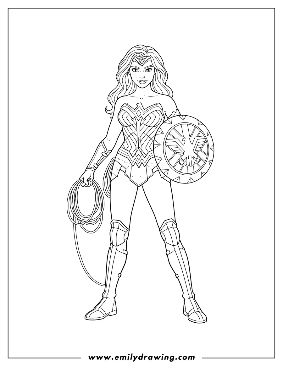 Linear illustration of wonder Woman As Gal Gadot standing, holding her lasso and shield, to color