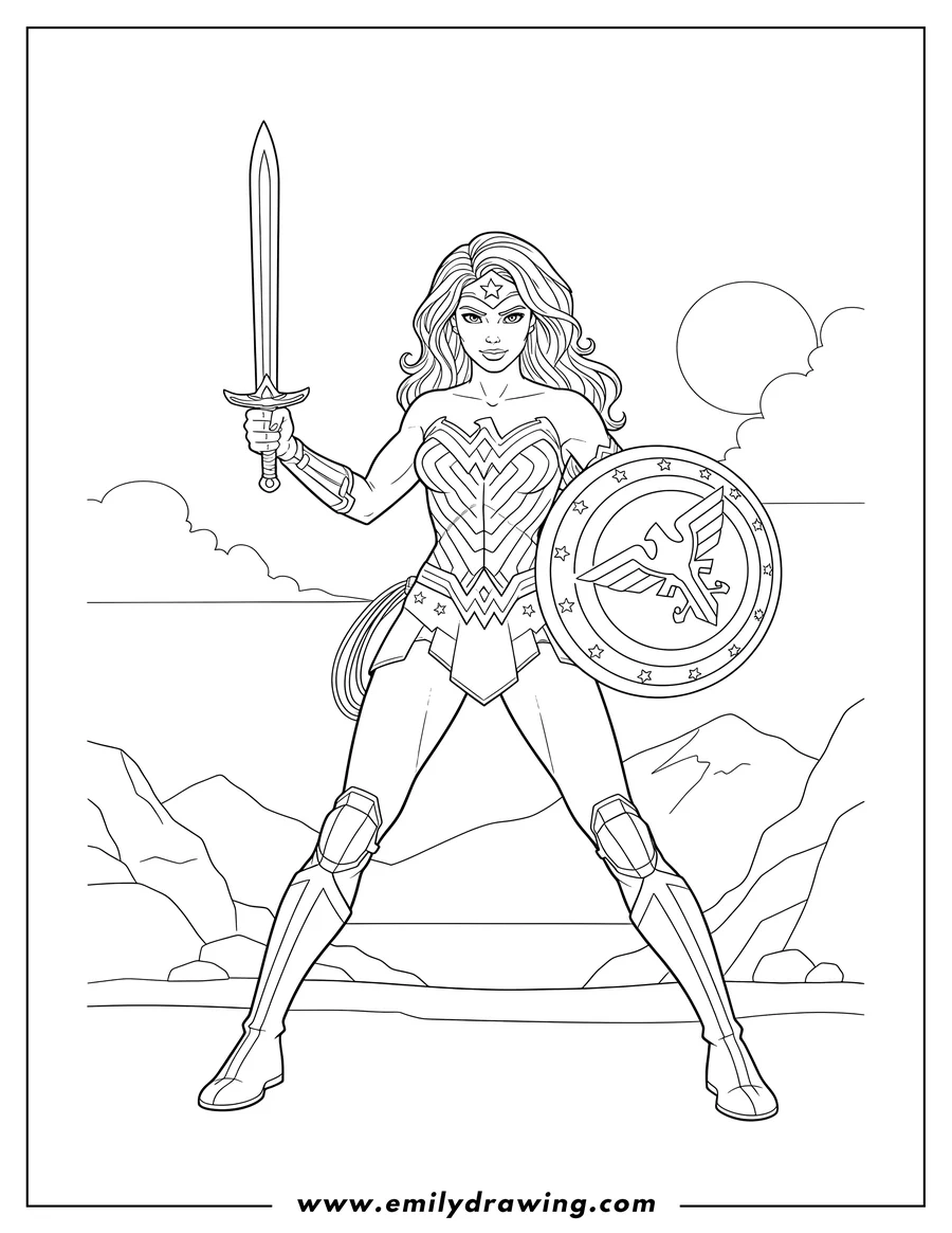 Linear illustration of wonder Woman Diana Prince with a sword and shield, ready for battle