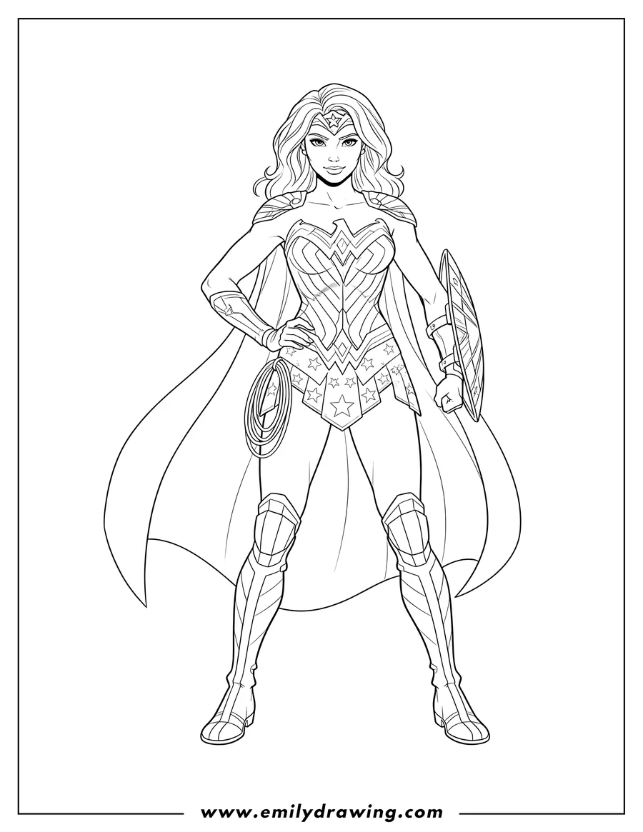 Free to print drawing of wonder Woman standing in her iconic armor