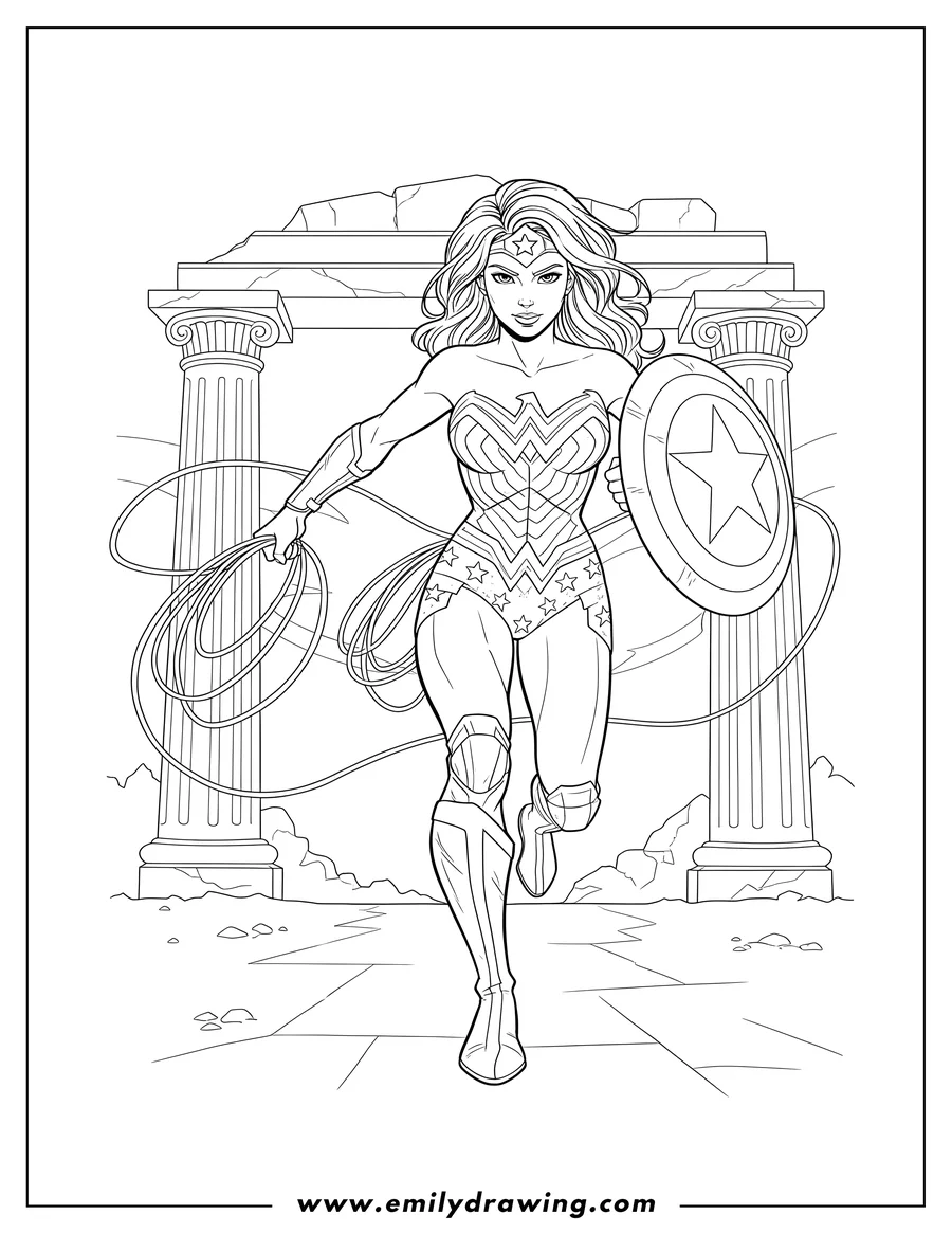 PDF style coloring page: wonder Woman Running Into Danger with her lasso and shield