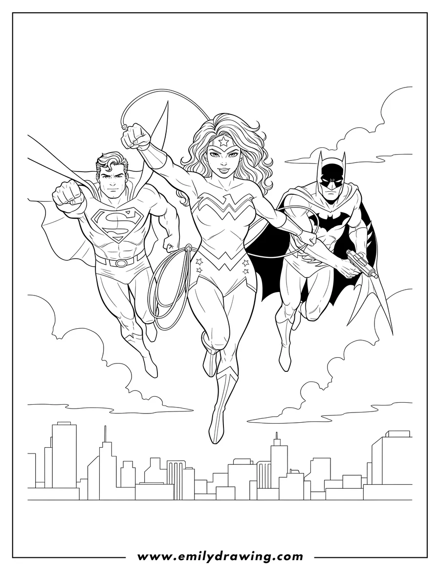 Black and white line art of wonder Woman soaring with flying Superman and Batman