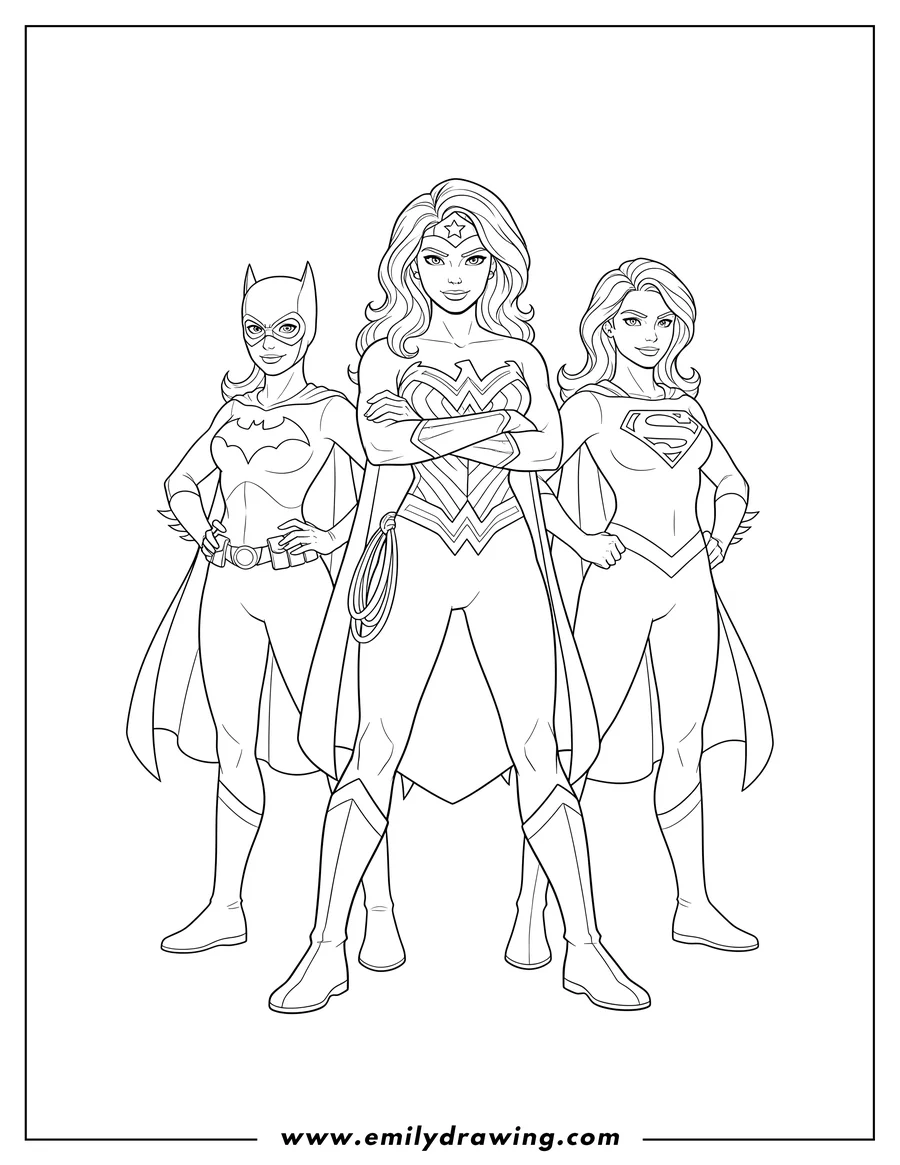 Full page coloring image of wonder Woman With Batgirl And Superwoman To Color, standing together heroically, Wonder Woman with arms crossed