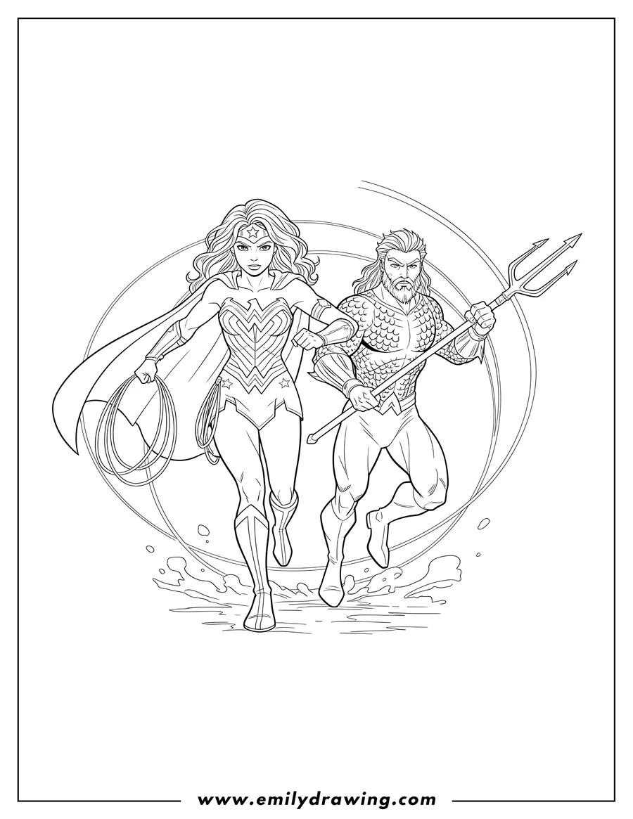 Outline drawing of wonder Woman with lasso and Aquaman with trident, charging forward
