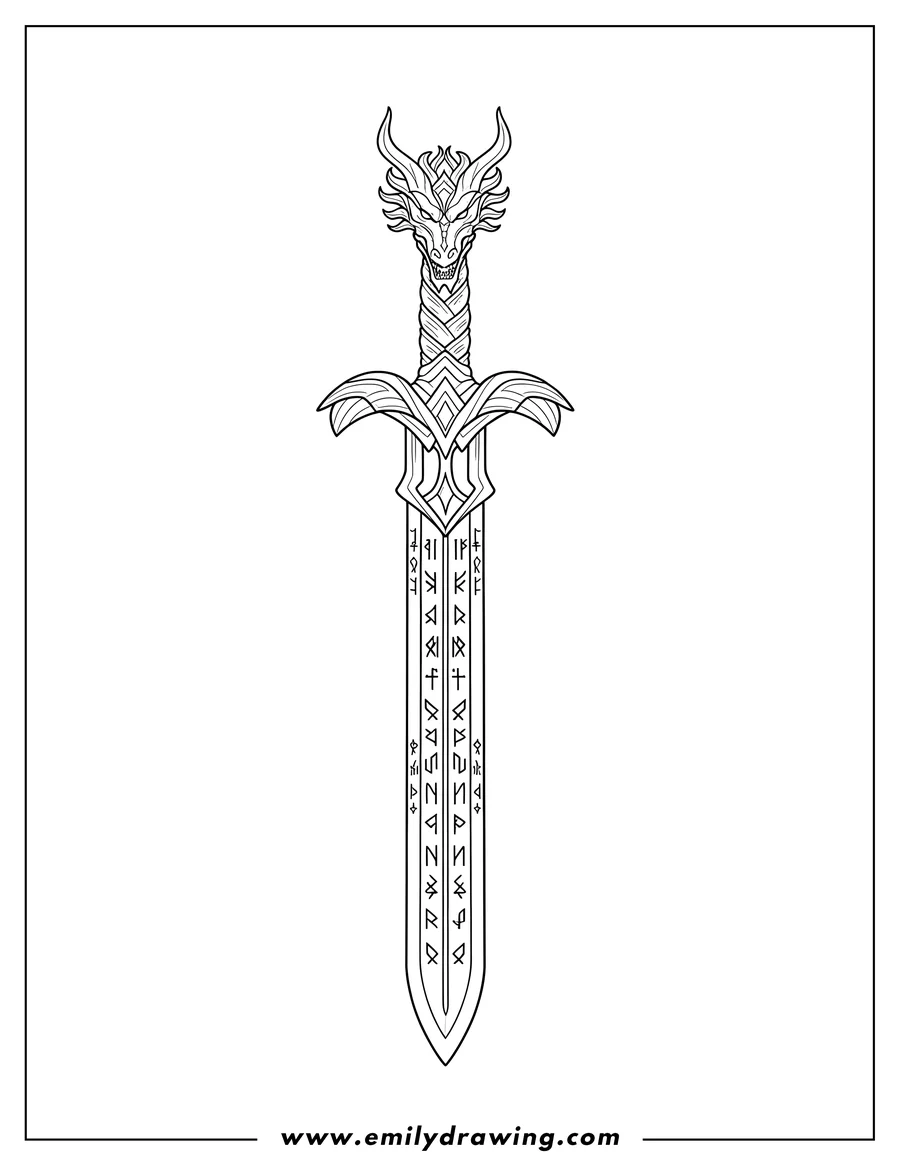 Free to print drawing of wonder Woman's Sword of Athena with dragon-headed hilt and runes on the blade, to color