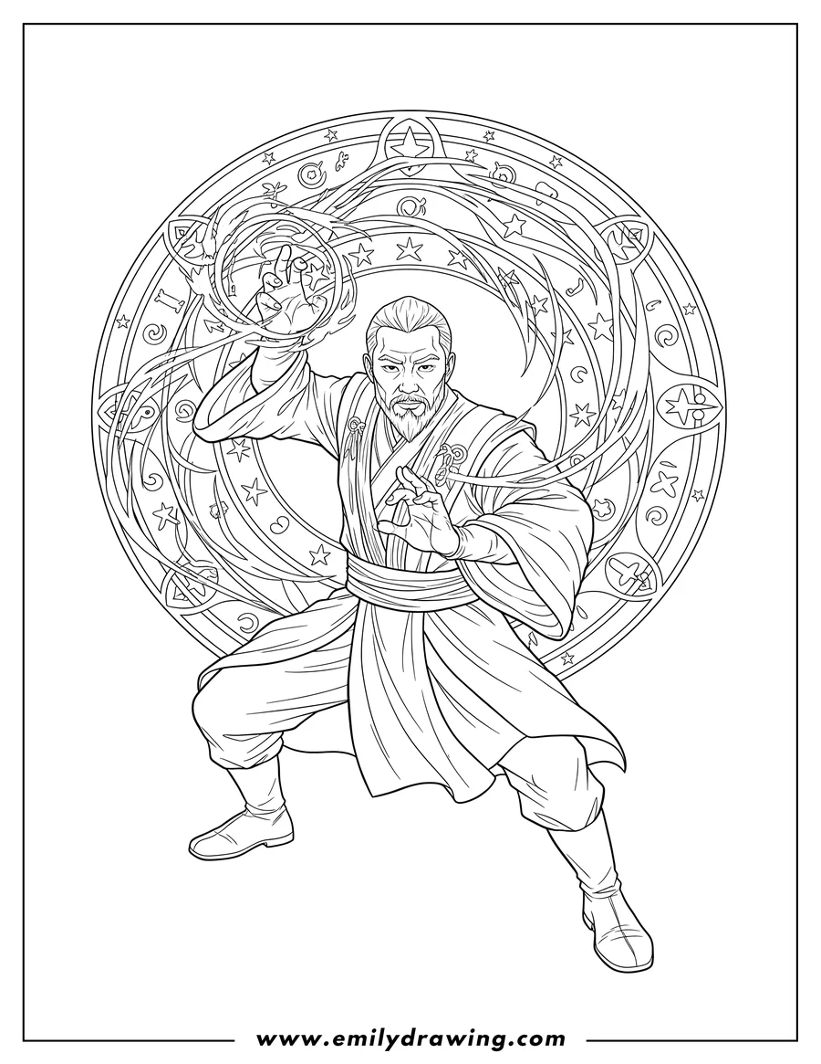 Vector style outline of wong summoning an interdimensional portal with his hands in a magical gesture, and a circular energy pattern forming behind him