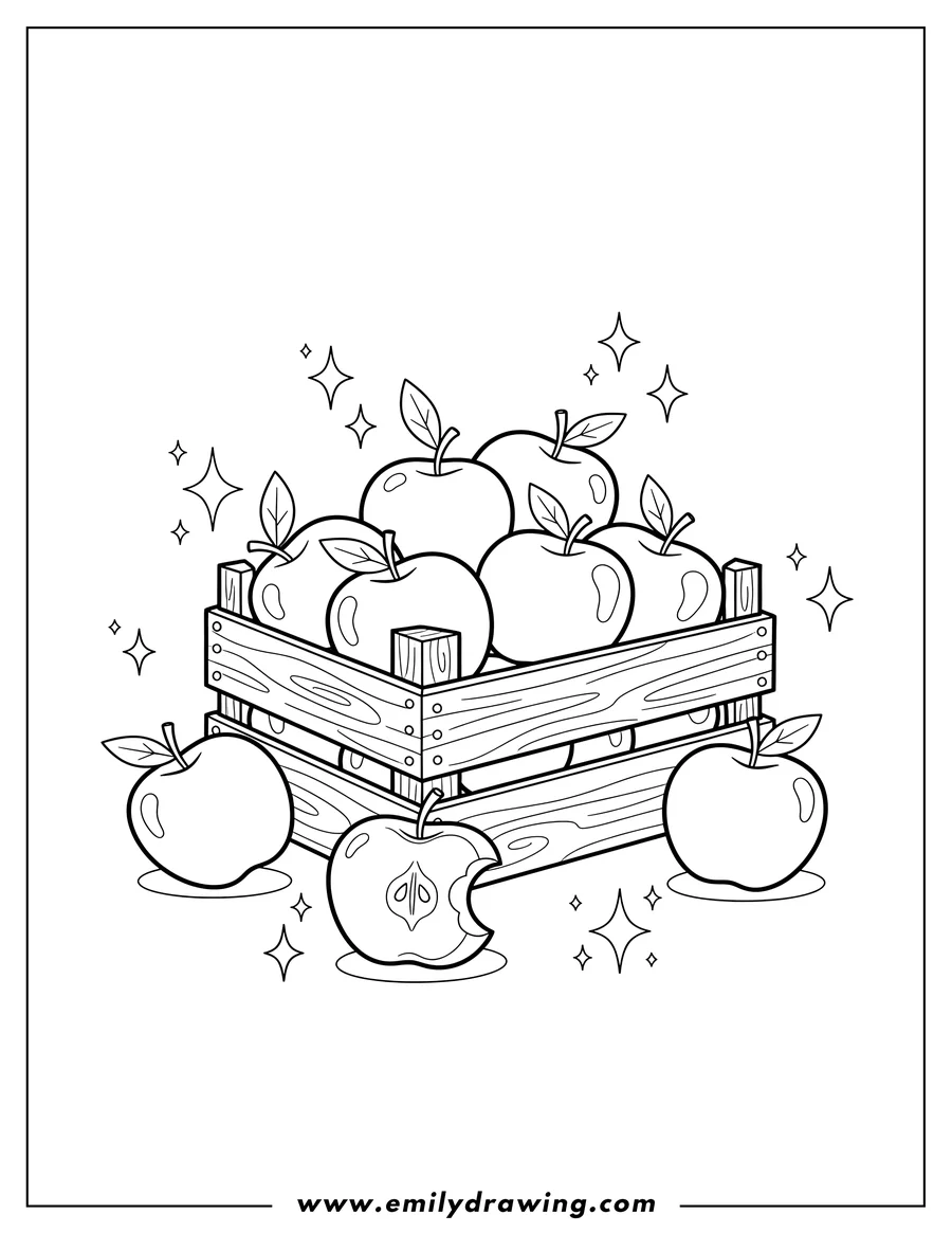 Downloadable coloring page of wooden crate of juicy apples, some spilling out, with sparkles