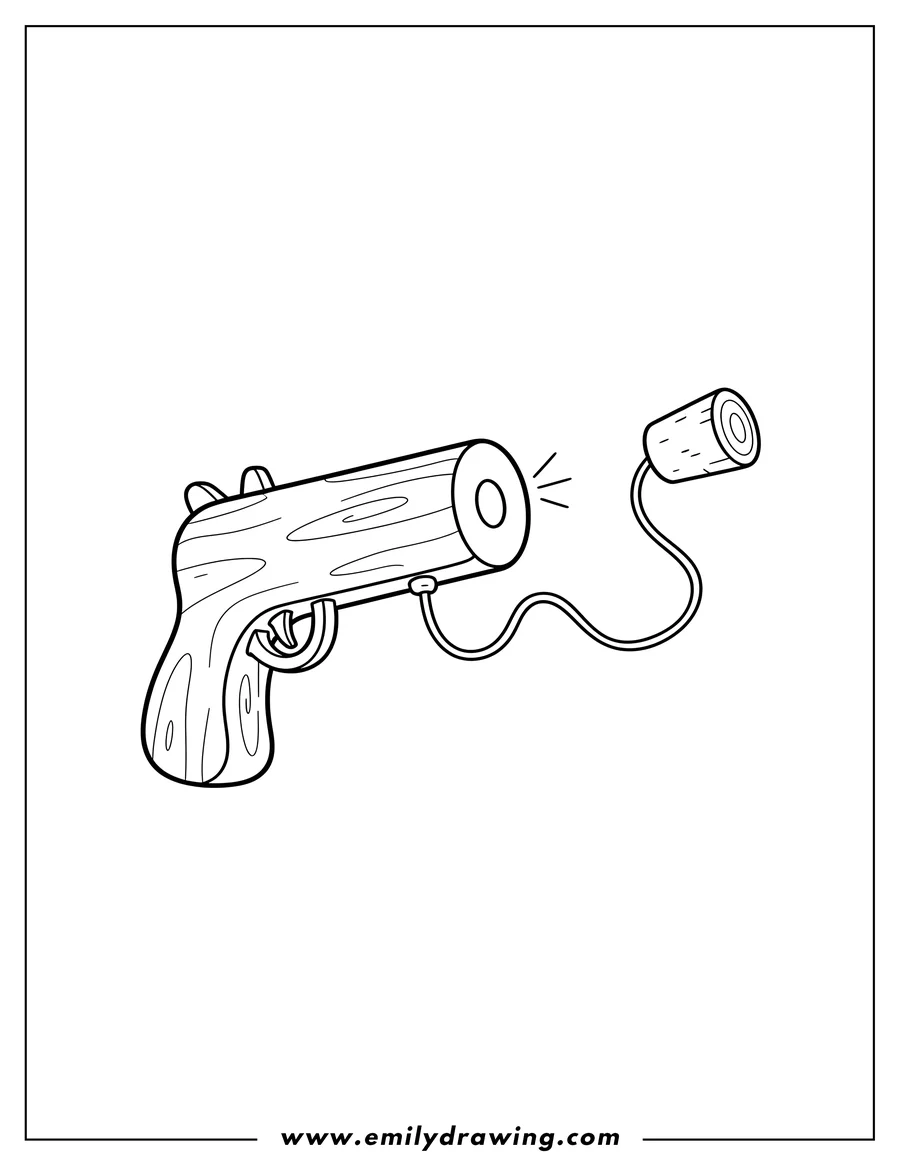 Printable line art of wooden Pop Gun shooting a cork attached by a string