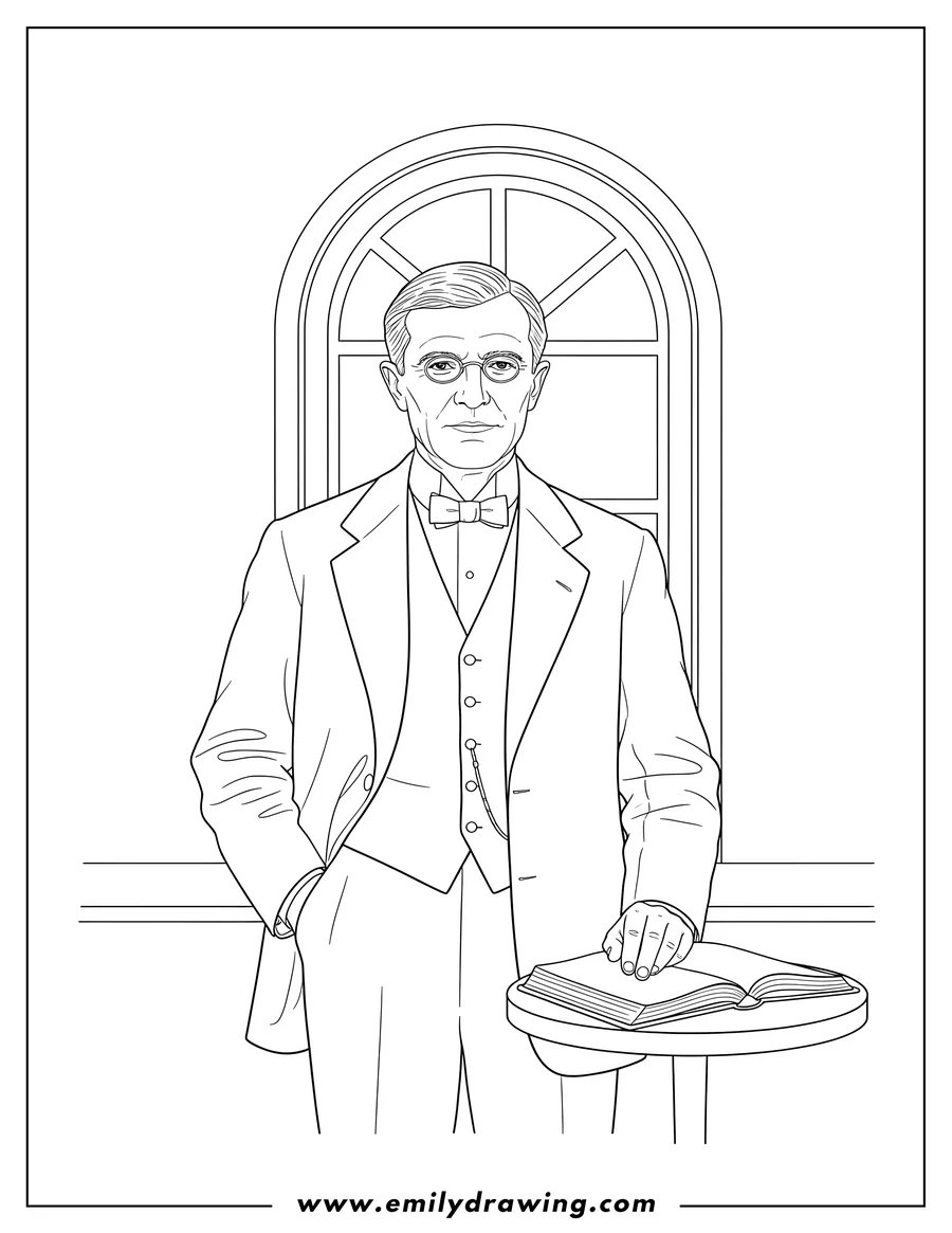 PDF style coloring page: president Woodrow Wilson in a suit and glasses