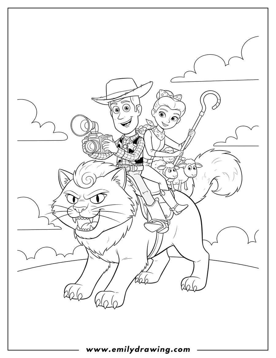 High quality printable woody and Bo Peep riding a fierce cat, Woody holding a camera, and Bo Peep holding sheep, Toy Story 4 for coloring