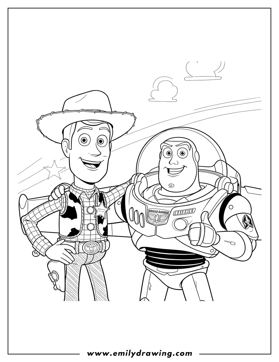 Coloring page for kids: toy Story Disney Cover Image of Woody and Buzz Lightyear smiling