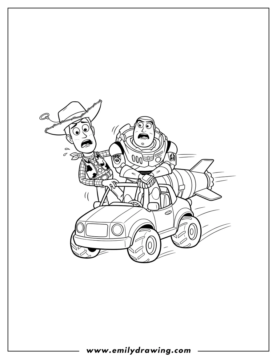Vector style outline of woody and Buzz Lightyear on an RC car, looking scared with a rocket attached