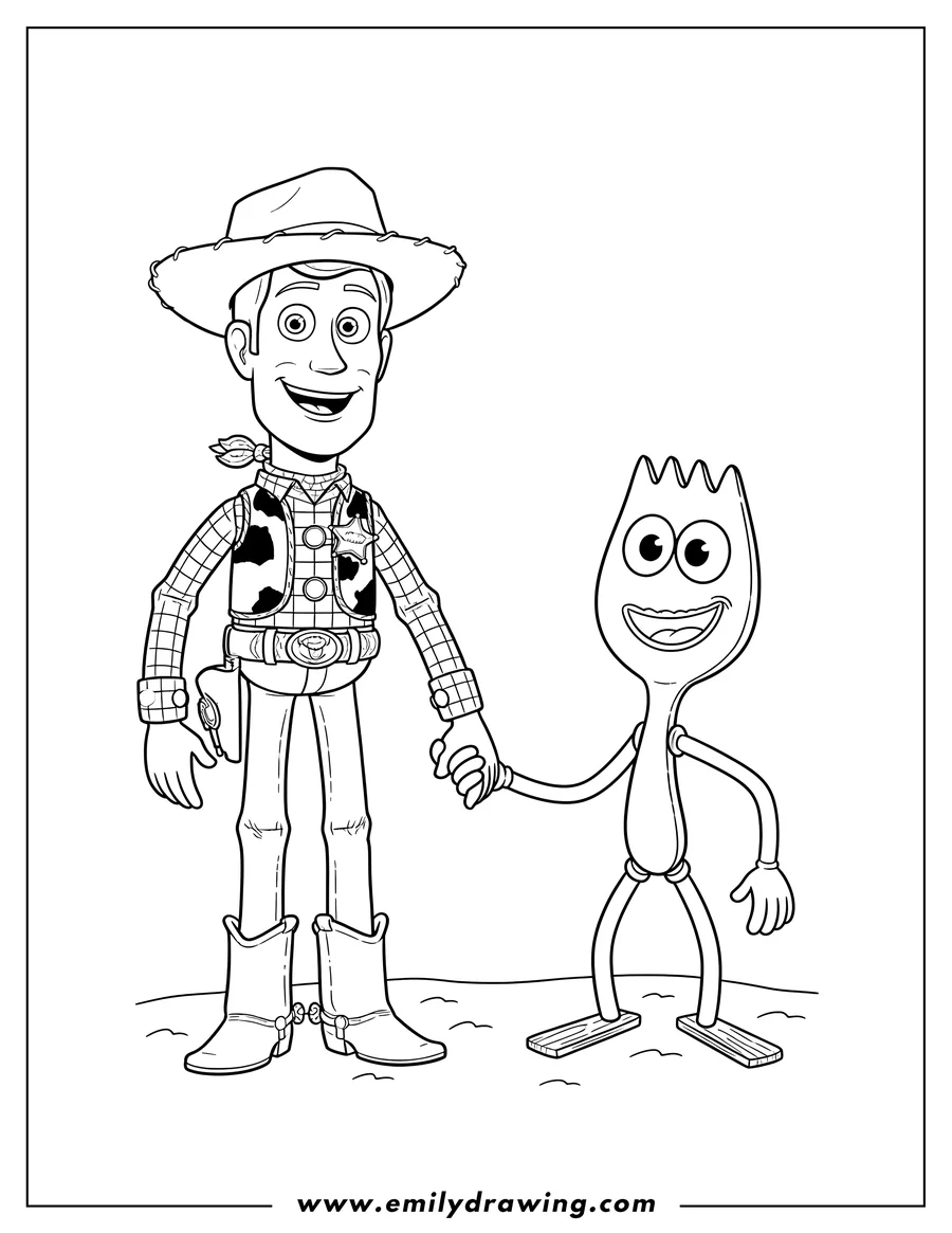 Clean line drawing: woody And Spork Scaled, Woody holding Spork Scaled's hand