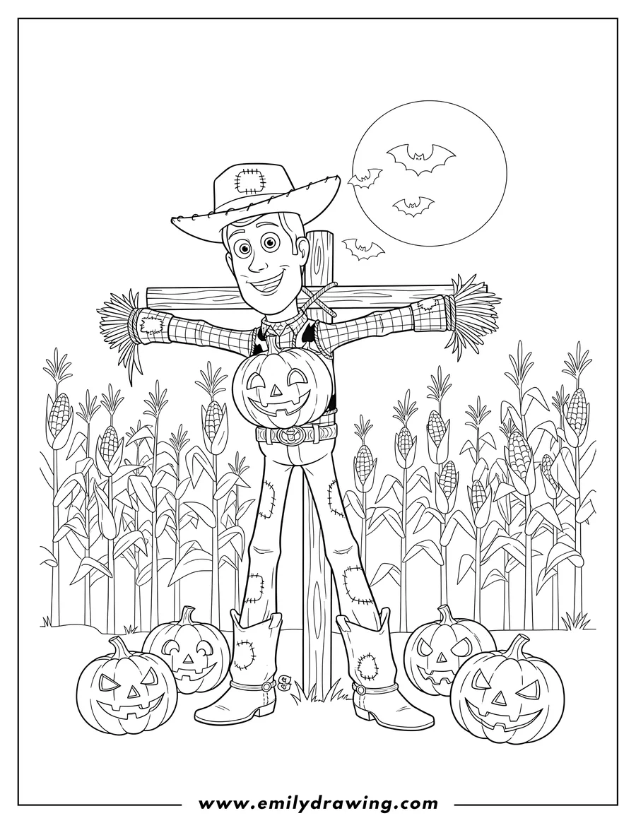 Printable line art of disney Halloween Woody as a scarecrow in a cornfield with jack-o'-lanterns, full moon, and bats