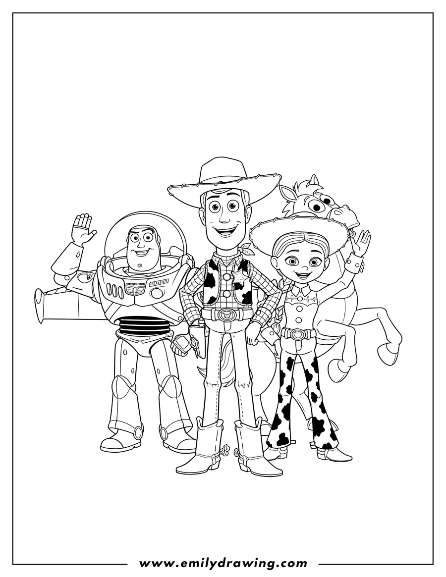 Printable line art of woody, Buzz Lightyear with open helmet, Bullseye, and Jessie standing and waving