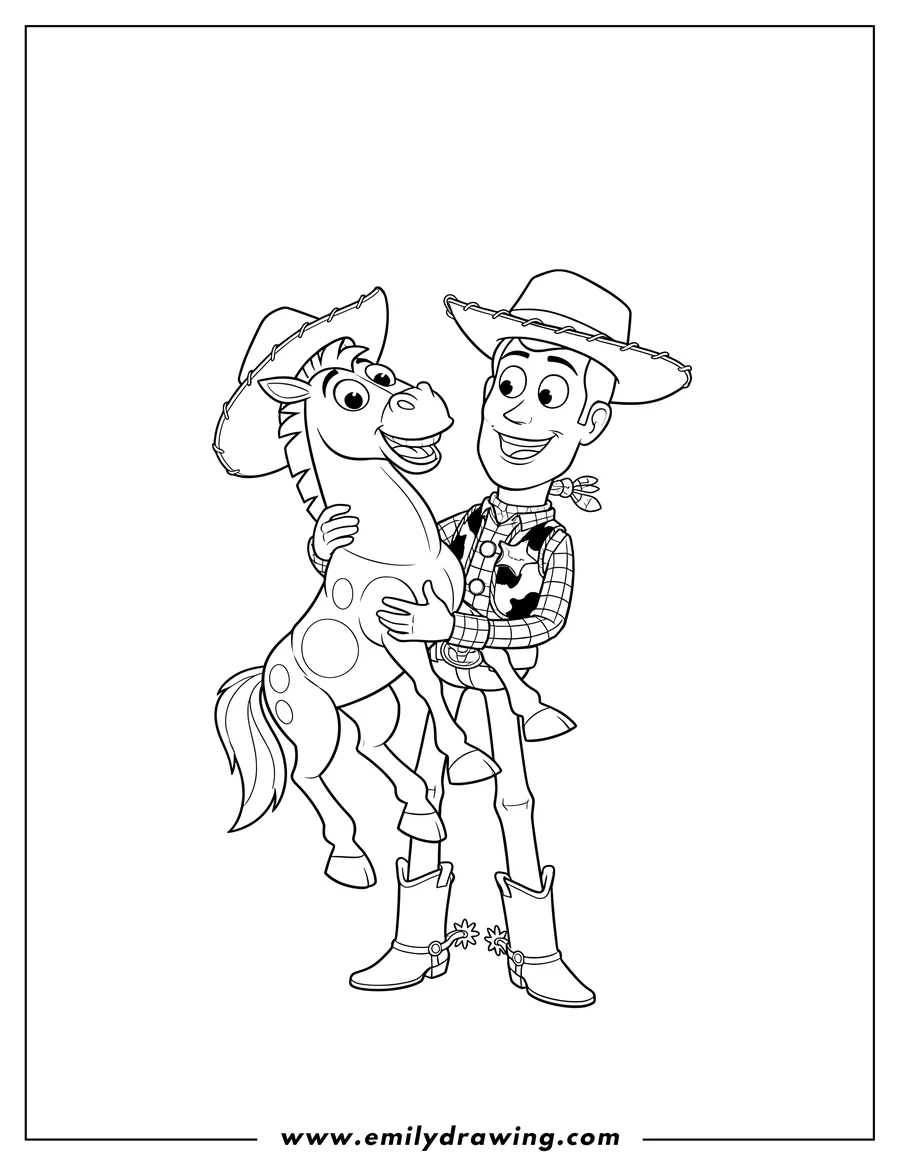 Printable line art of woody holding Bullseye, with Bullseye wearing Woody's hat, and both smiling