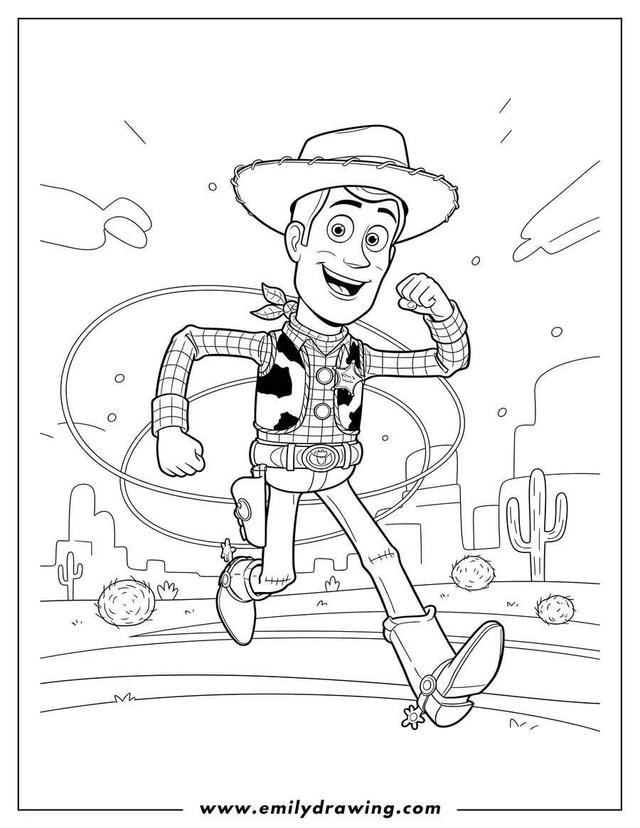 Printable coloring page of detailed Woody On Run, smiling in a dynamic pose