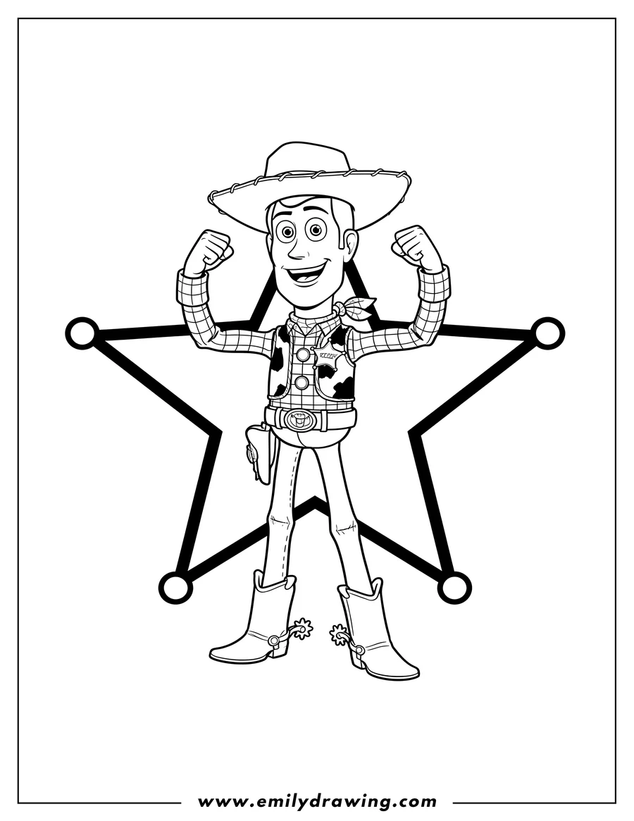 PDF style coloring page: detailed Woody Sheriff Logo, smiling with fists raised