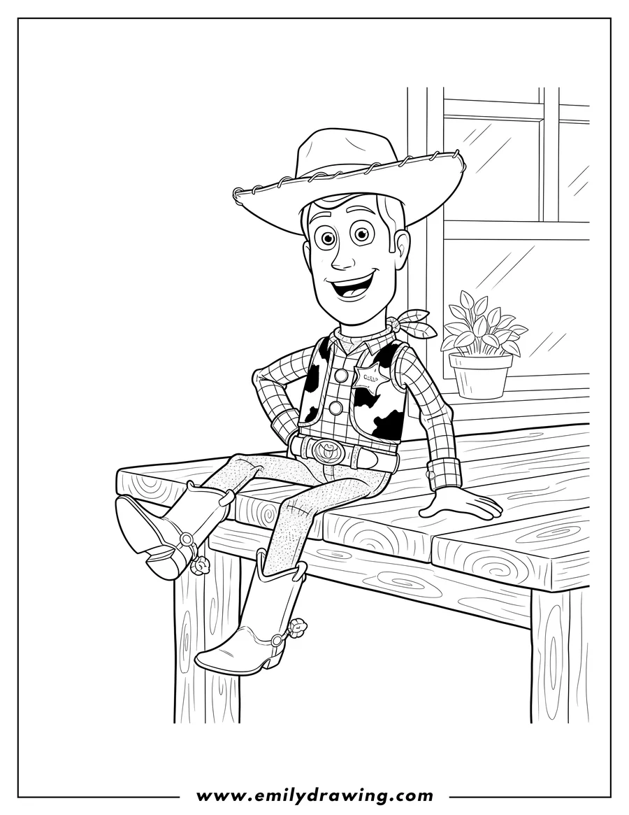 Clean line drawing: woody Sitting On Edge Table, smiling with his legs dangling