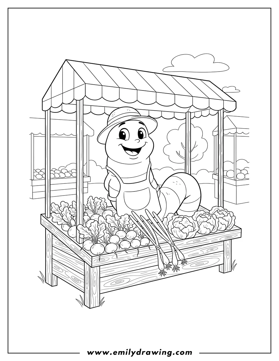 Free printable coloring sheet of smiling worm at a market stall selling fresh radishes, green onions, and lettuce