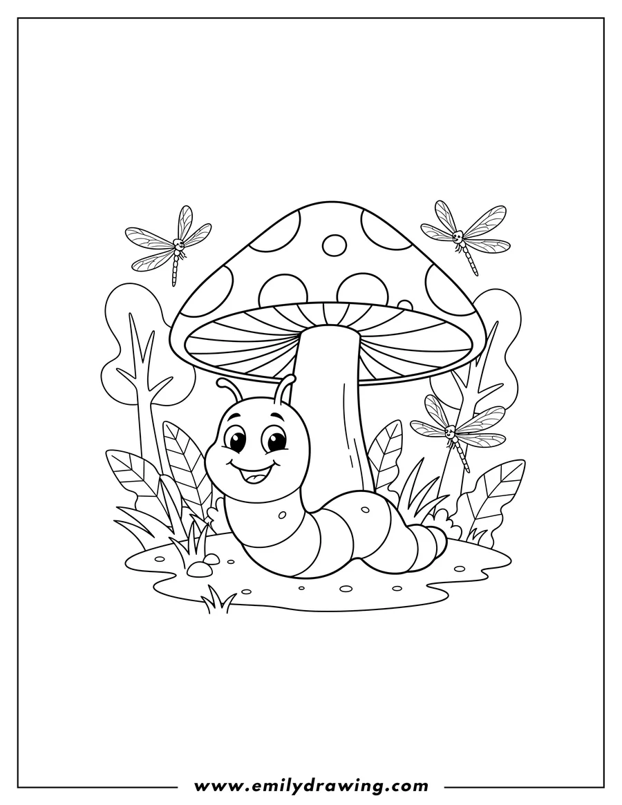 Printable coloring page of smiling worm next to a spotted mushroom with flying dragonflies in a forest clearing