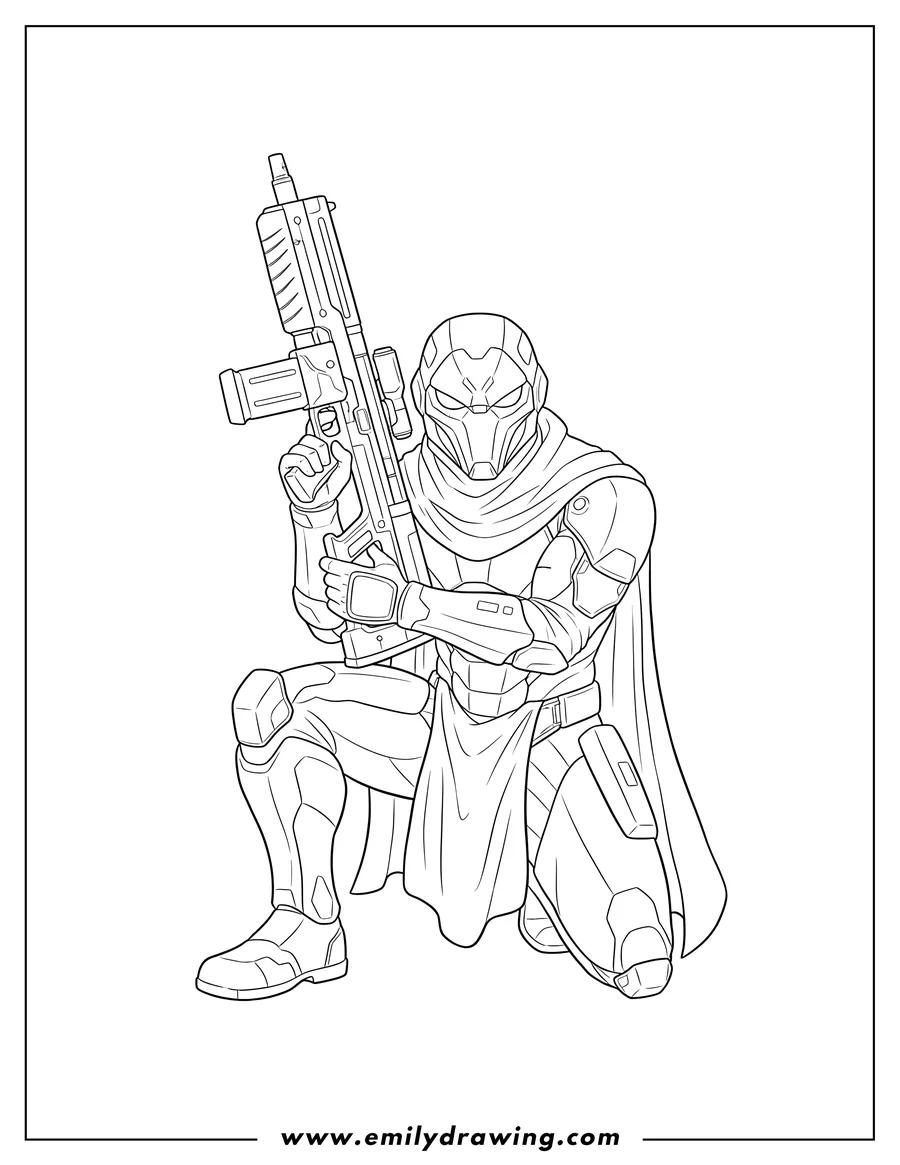 Downloadable coloring page of wraith Disruptor kneeling, wearing a mask, holding rifle