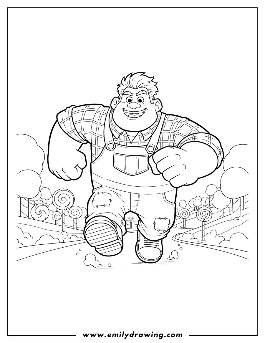 Black and white line art of wreck It Ralph Disney, running