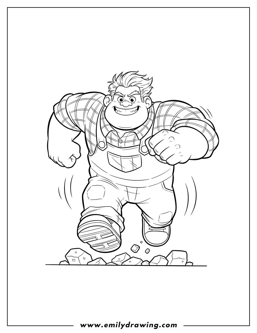 Printable coloring page of wreck-It Ralph running with a determined expression