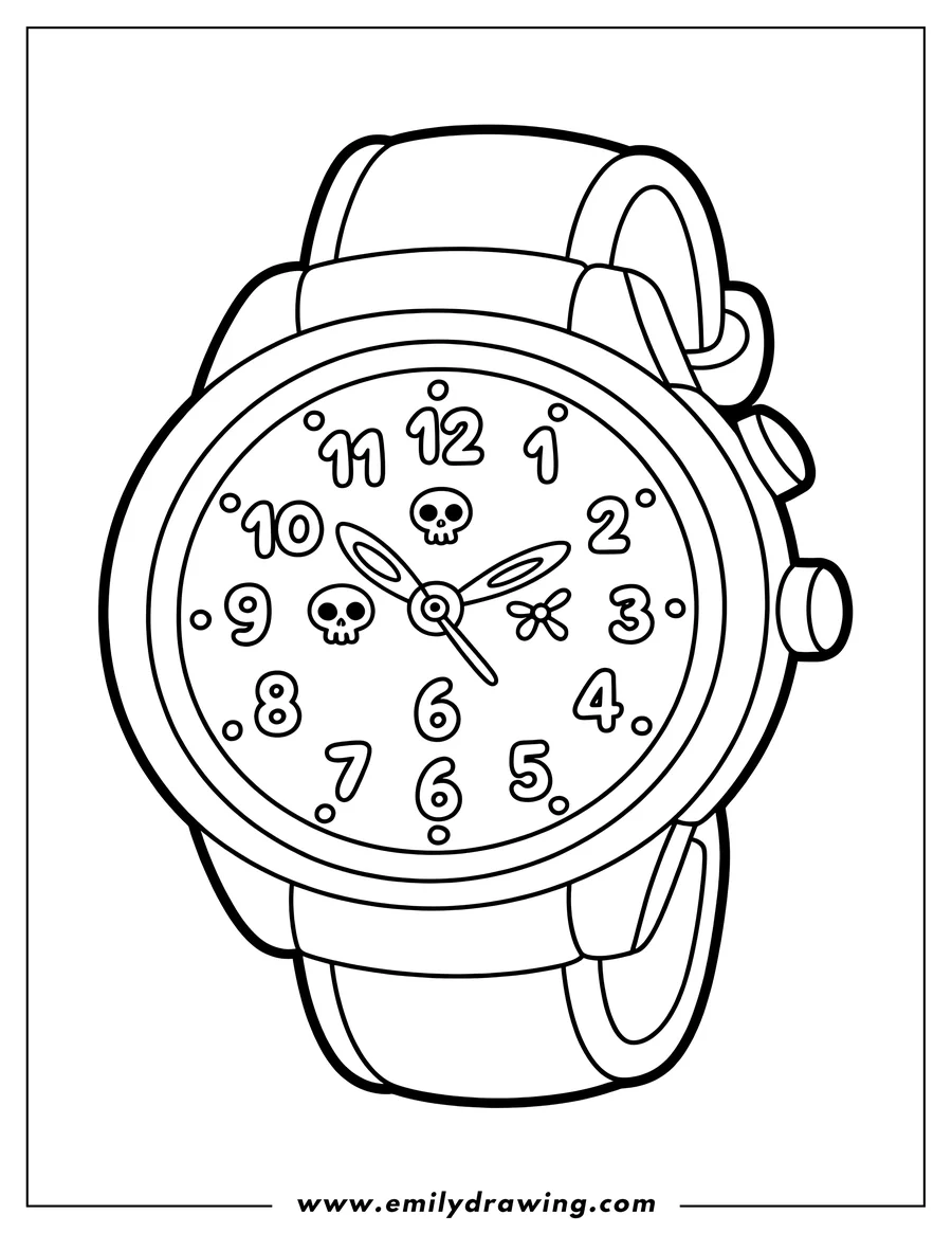 Line art of a wristwatch with a round face. The watch face features stylized numbers from 1 to 12, with small skull and flower designs between some of the numbers.