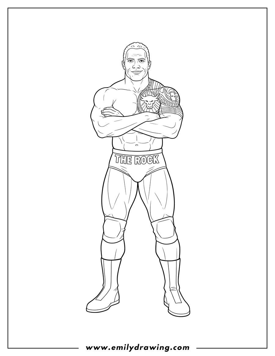 PDF style coloring page: wwe Rock with arms crossed, wearing 'The Rock' trunks