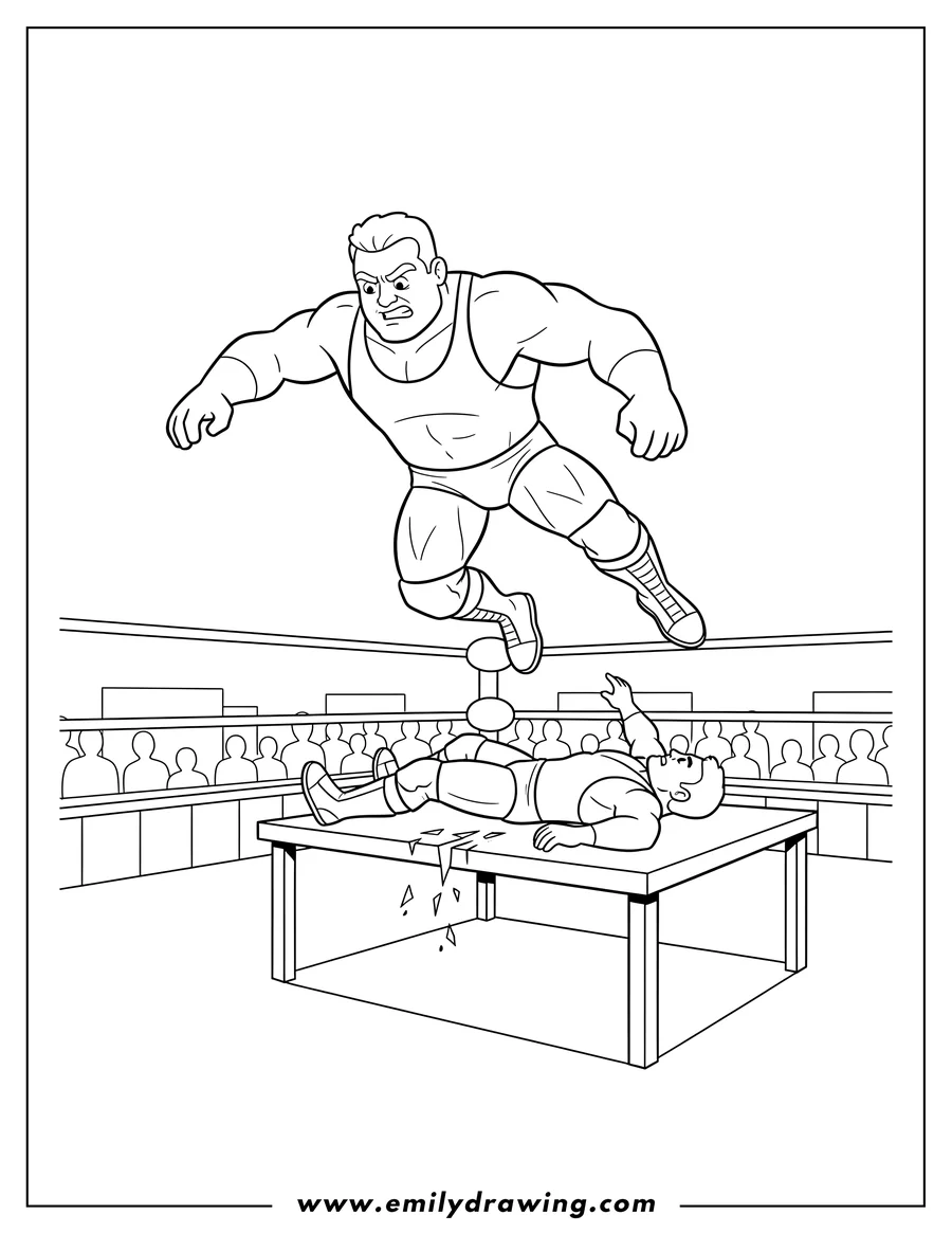 Black and white line art of wwe Wrestler diving onto another wrestler on a table to color