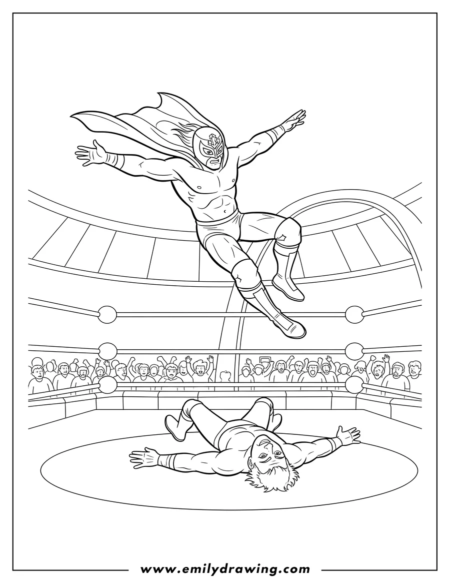 Vector style outline of wwe Wrestler flying through the air onto an opponent lying on the mat