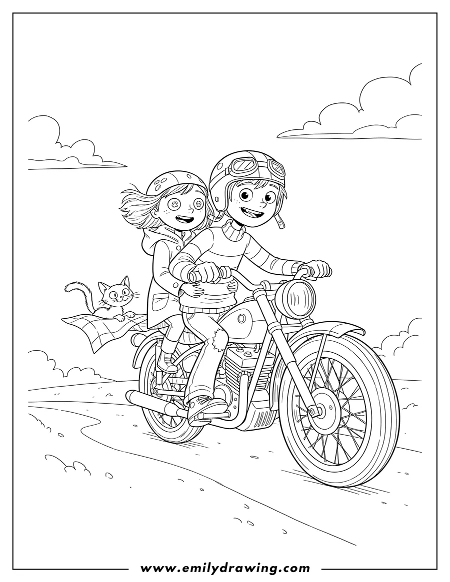 Printable line art of wybie driving a motorcycle with Coraline and her cat