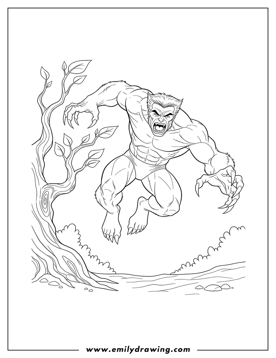 Printable line art of X Men Beast roaring and leaping from tree with extended claws