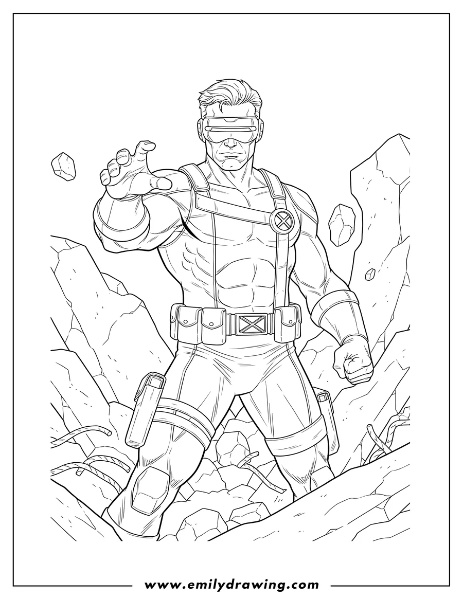 Vector style outline of X Men Cyclops standing in a powerful stance, wearing his visor and X-Men harness, surrounded by rubble