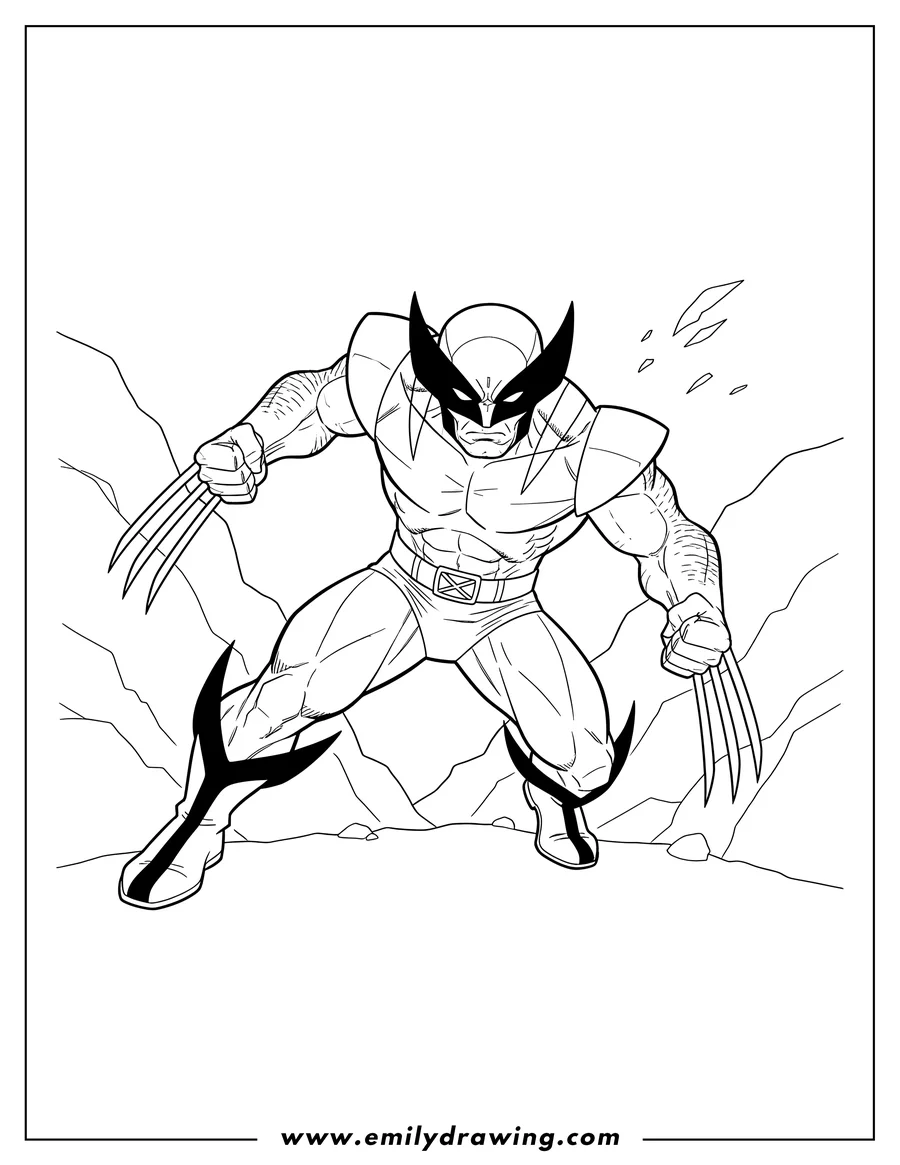 Full page coloring image of X Men Wolverine, claws extended, in action pose