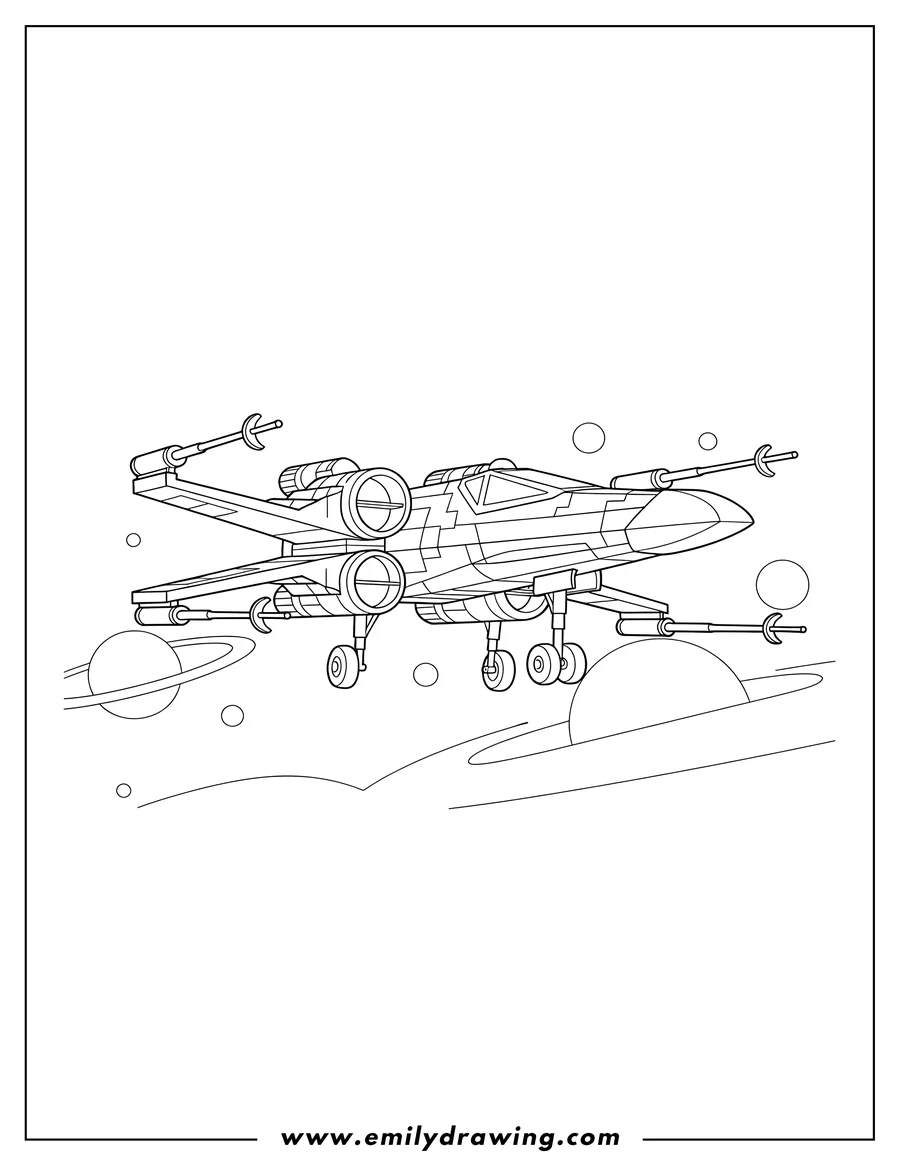 Coloring sheet featuring X Wing Rebel Alliance Starfighter with wings open and landing gear down