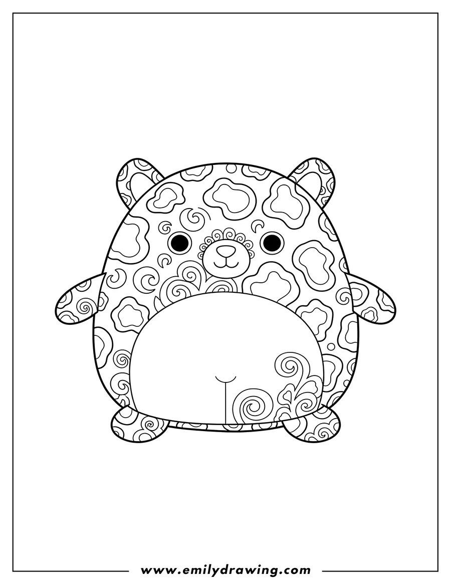 Coloring page for kids: xiomara Leopard Squishmallow with patterned fur, ready to color