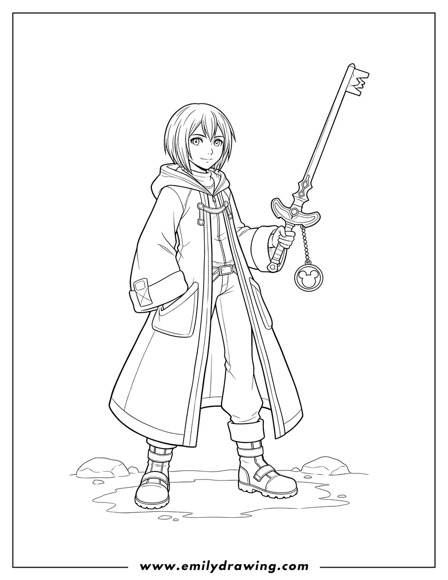 Coloring page of kingdom Hearts Xion standing, wearing a long coat, holding her Keyblade with a Mickey Mouse charm